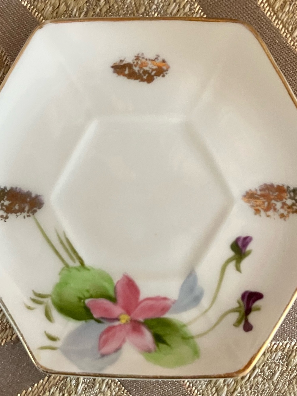 Hexagonal Floral Porcelain Butter Pat with Gold Accents